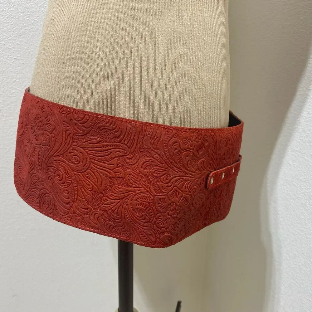 Made In Italy Red Embossed Leather Belt Wide Waist Cinching Corset Belt Sz M/L